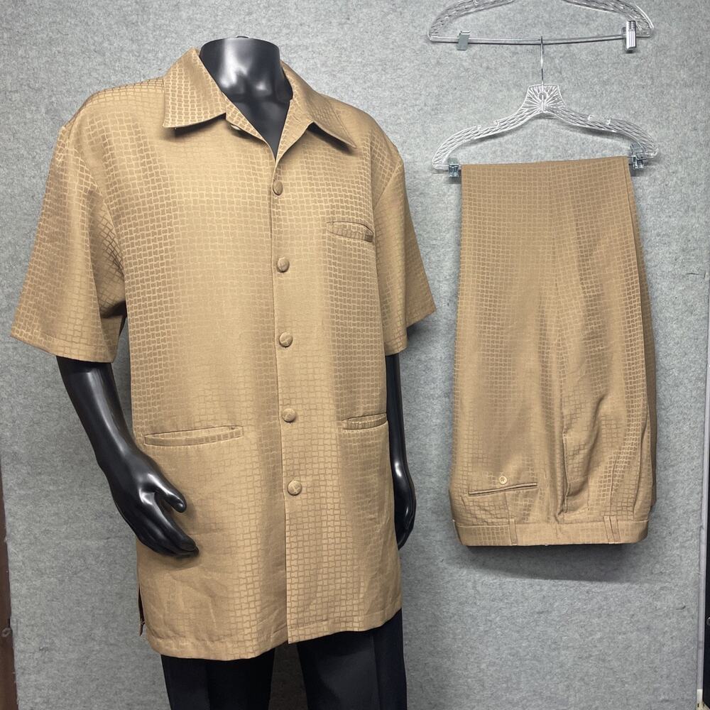 VITALIANO Men 2PC Walking Suit XL Tan Leisure Set Short Slv Waffle Pattern Relax
